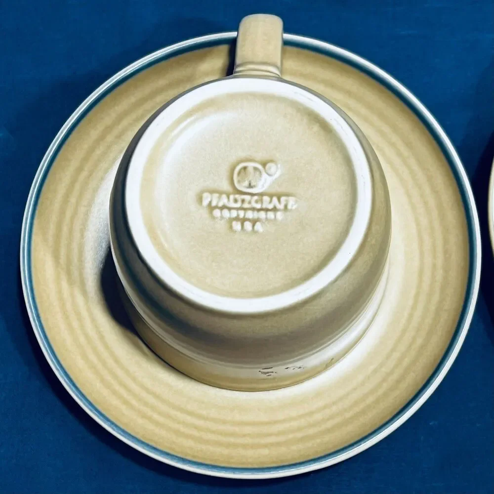 Set of 2 Vintage Pfaltzgraff Folk Art Flat Cup and Saucer Tan Stoneware Blue Flo